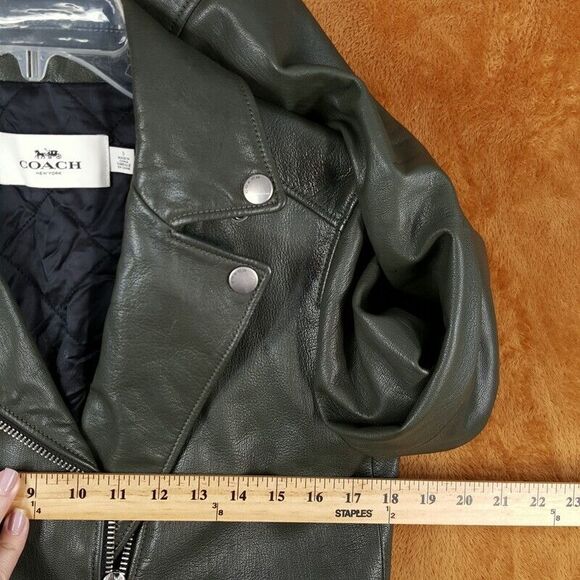 COACH Womens Jacket Small Dark Green Heavy Leather Moto Lined Biker ICON $1245 - Picture 10 of 11